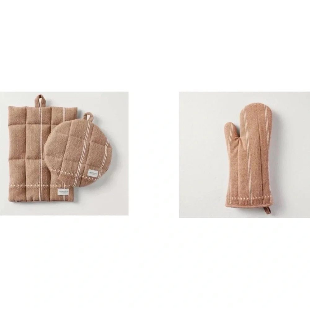 Hearth & Hand 3 PC SET Striped Pumpkin Brown Orange Oven Mitt & Potholders NEW!